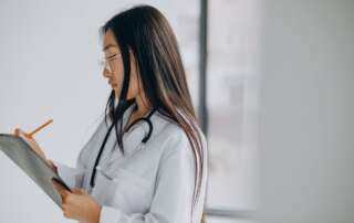 médica verificando exame admissional