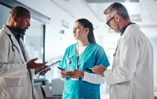 equipe médica avaliando um exame complexo